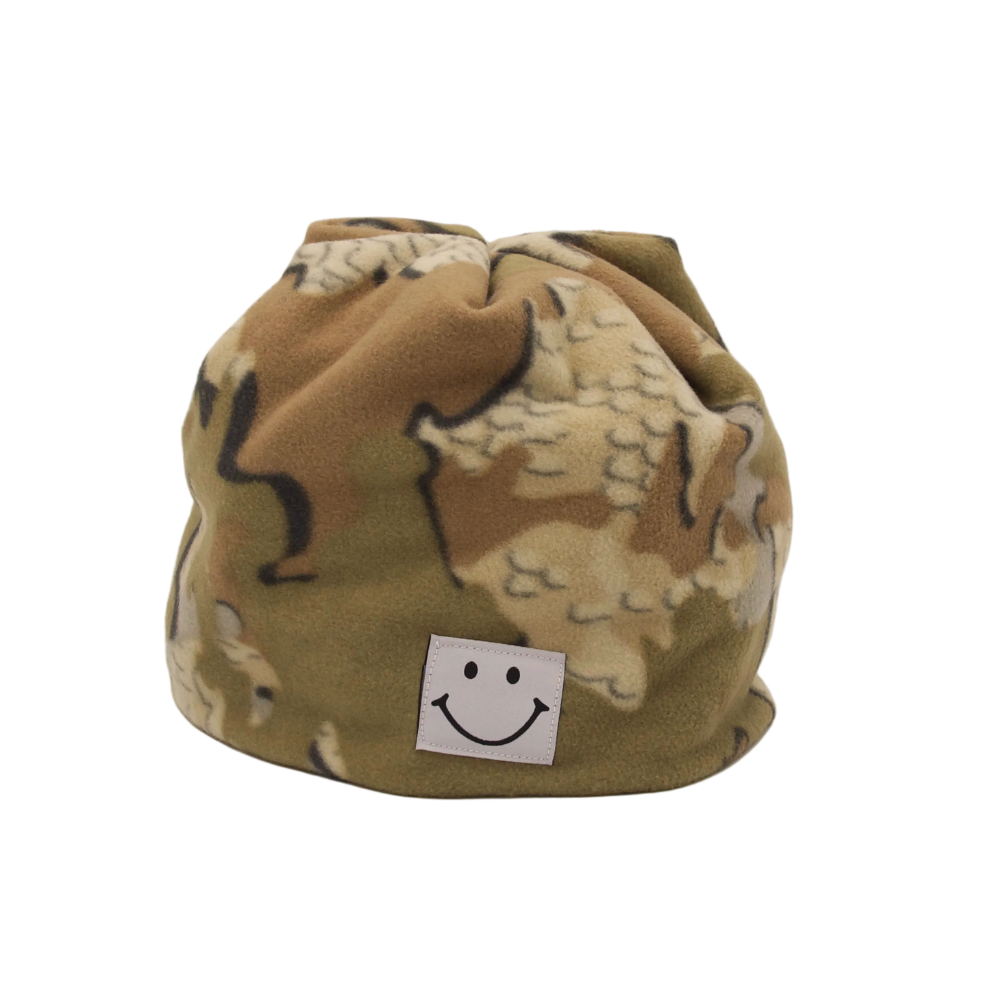Camouflage-patterned drawstring bag with a smiley face label on a white background