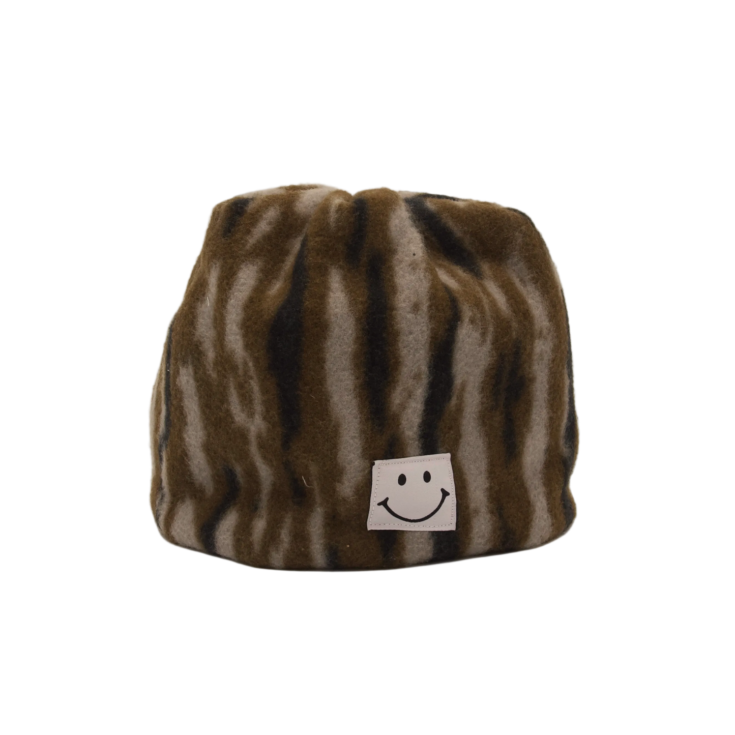 Zebra-striped beanie with a smiley face label on a beige background